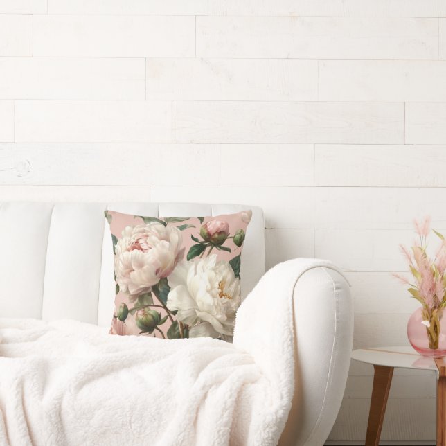 Roze en Witte Pioenrozen Elegant Kussen (Bank)