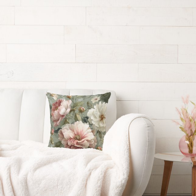 Roze en Witte Pioenrozen Elegant Kussen (Bank)