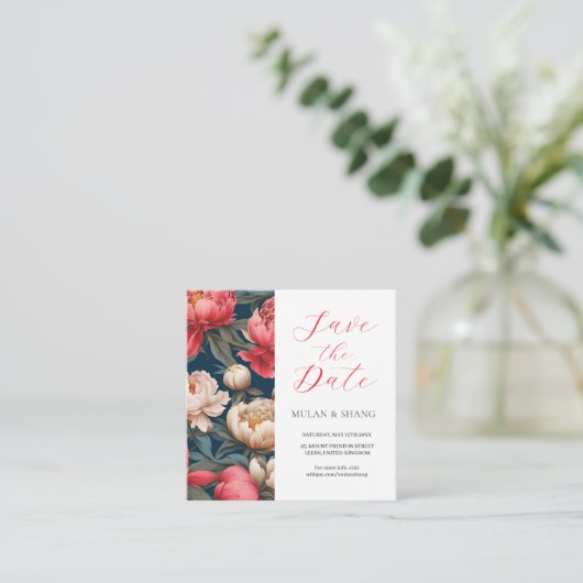 Roze en Witte Pioenrozen Oriëntaals Save The Date Informatiekaartje (Staand voorkant)