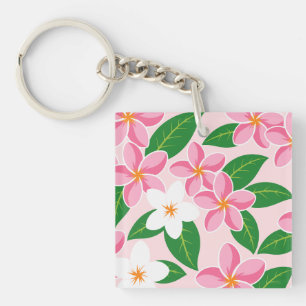 Roze en Witte Plumeria Bloemmotief Sleutelhanger