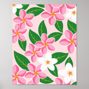 Roze en Witte Plumeria Bloempatroon Poster