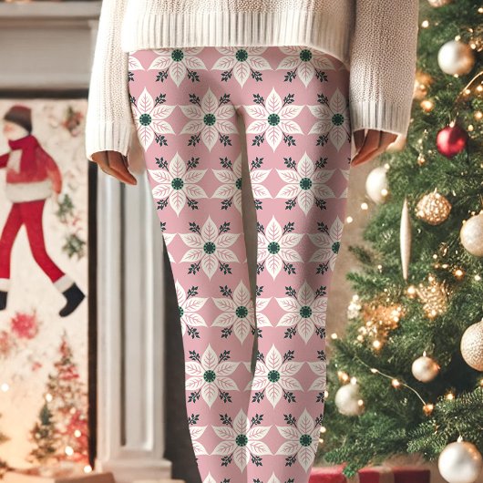 Roze en witte poinsettia patroon Kerstmis Leggings