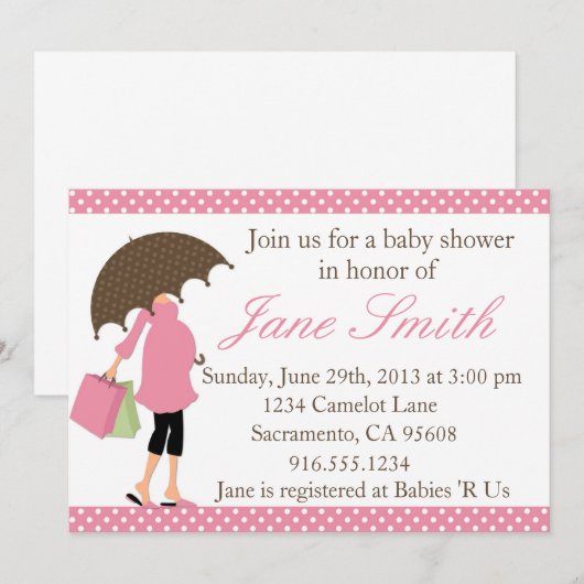 Roze en witte poka Baby shower Uitnodiging (Voorkant / Achterkant)
