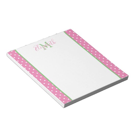 Roze en witte poka dot met groen monogram notitieblok (Schuin)