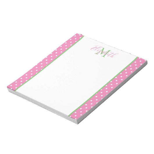 Roze en witte poka dot met groen monogram notitieblok (Linkerzijde)