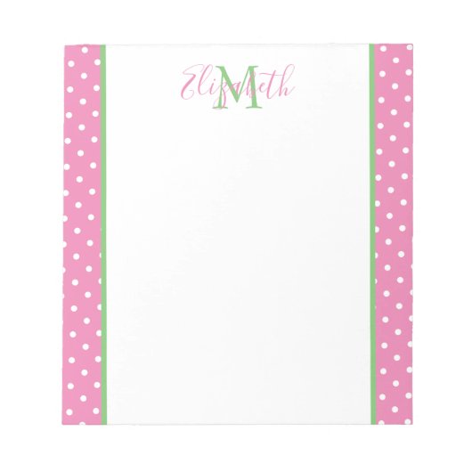 Roze en witte poka dot met groen monogram notitieblok (Voorkant)
