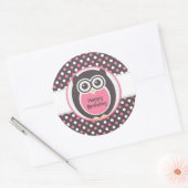 Roze en witte poka Dot Owl Birthday Sticker (Envelop)