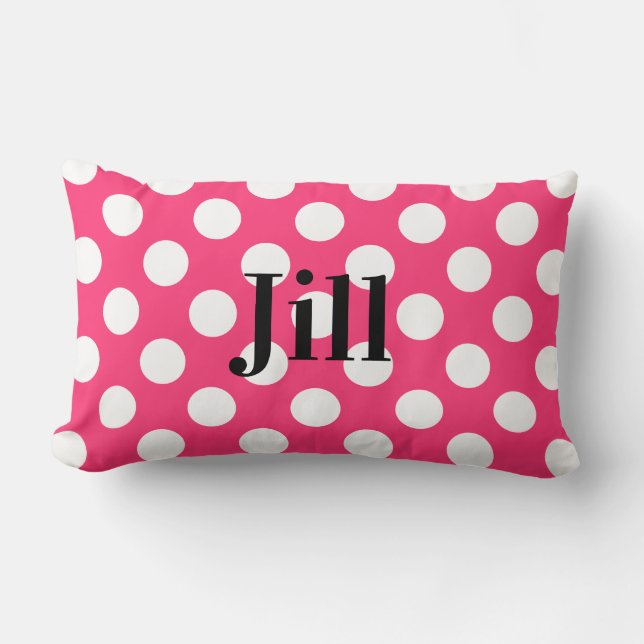 Roze en witte poka Dot Pillow met naam Kussen (Voorkant)