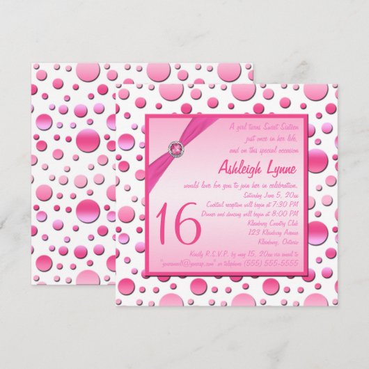 Roze en witte poka Dot Sweet Sixteen Uitnodiging (Voorkant / Achterkant)