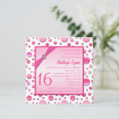 Roze en witte poka Dot Sweet Sixteen Uitnodiging (Staand voorkant)