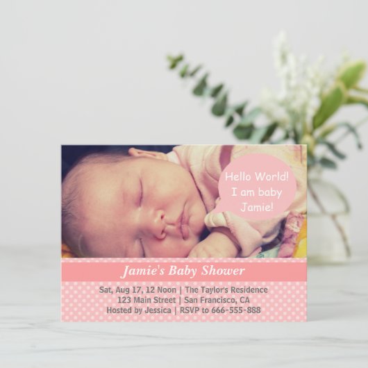 Roze en witte poka Dots Girl Baby shower Foto Kaart (Staand voorkant)