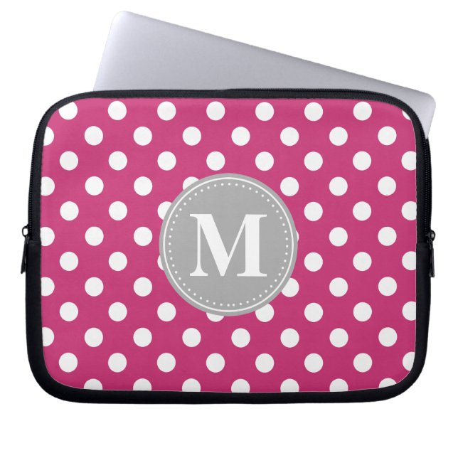 Roze en witte poka Dots Gray Monogram Laptop Sleeve (Voorkant)