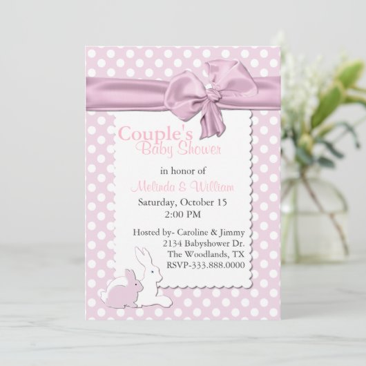 Roze en witte poka dots met Baby shower van konijn Kaart (Staand voorkant)