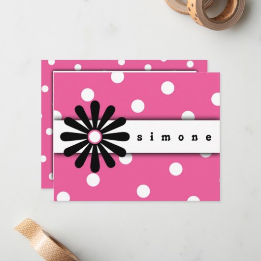 Roze en witte poka-puntkaart notitiekaartje (Voorkant / Achterkant in situ)