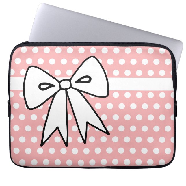 Roze en witte Polka Dot Laptop Hoesje Laptop Sleeve (Voorkant)
