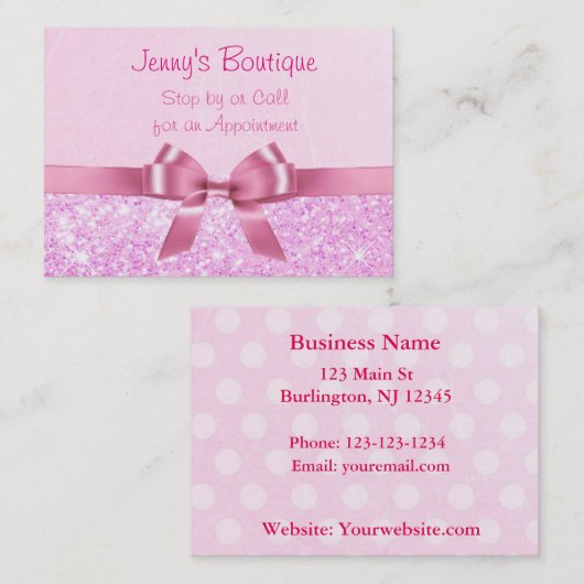 Roze en witte Polka Dot met Roze strik en glitter Visitekaartje (Voorkant / Achterkant)