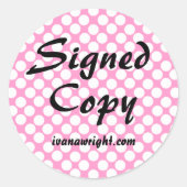 Roze en Witte Polka Dot Ondertekend Exemplaar met  Ronde Sticker (Voorkant)