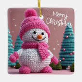 Roze en Witte Polka Dot Sneeuwman Keramisch Ornament (Voorkant)
