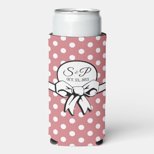 Roze en witte Polka Dot White Bow Gepersonaliseerd Seltzer Blikjeskoeler (Seltzer Voorkant)