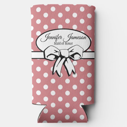 Roze en witte Polka Dot White Bow Gepersonaliseerd Seltzer Blikjeskoeler (Achterkant)