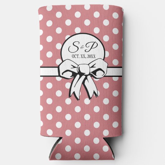Roze en witte Polka Dot White Bow Gepersonaliseerd Seltzer Blikjeskoeler (Voorkant)