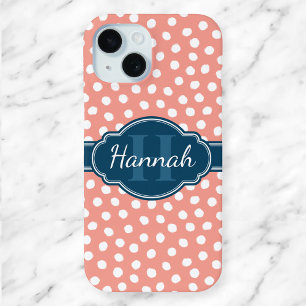 Roze en Witte Polka Dots Blauw Monogram iPhone 15 Case