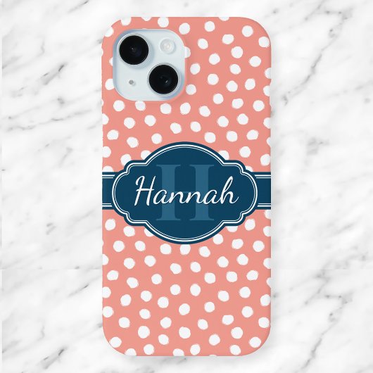 Roze en Witte Polka Dots Blauw Monogram Case-Mate iPhone Case