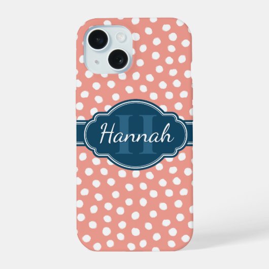 Roze en Witte Polka Dots Blauw Monogram iPhone 15 Case (Achterkant)