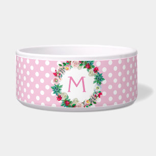 Roze en Witte Polka Dots met Monogram Pet Voerbakje