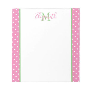 Roze en witte polka stippen met groene monogram notitieblok