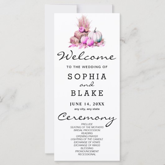 Roze en Witte Pompoenen Herfst Bruiloftsprogramma (Voorkant)