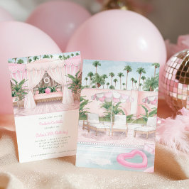 Roze en witte pool Cabana | Pool Party Invitation Kaart