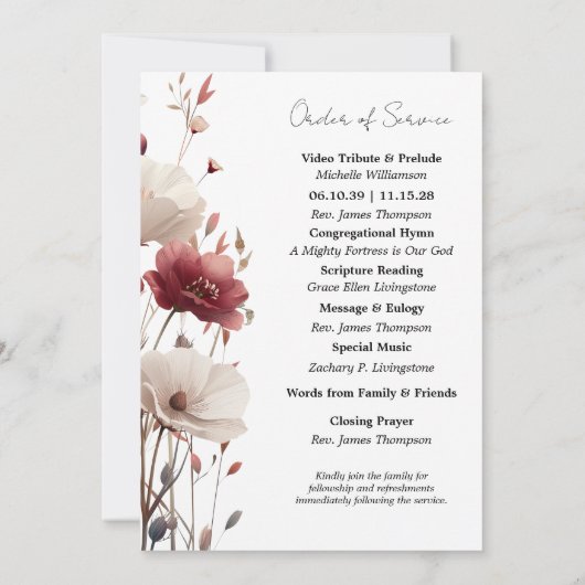 Roze en Witte Poppy begrafenisprogramma Kaart (Achterkant)