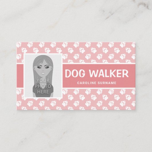 Roze en witte poten met fotosjabloon - Dog Walker Visitekaartje (Voorkant)