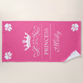 Roze en witte prinses Kroon & Dog poten met naam Strandlaken (Voorkant)