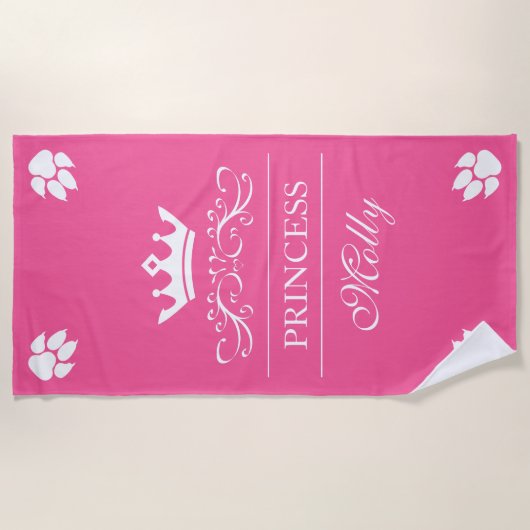 Roze en witte prinses Kroon & Dog poten met naam Strandlaken (Voorkant)