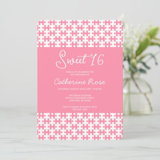 Roze en witte puzzel geruit zoet 16 kaart (Staand voorkant)