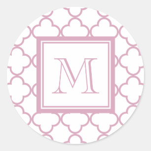 Roze en witte quatrefolie Uw monogram Ronde Sticker