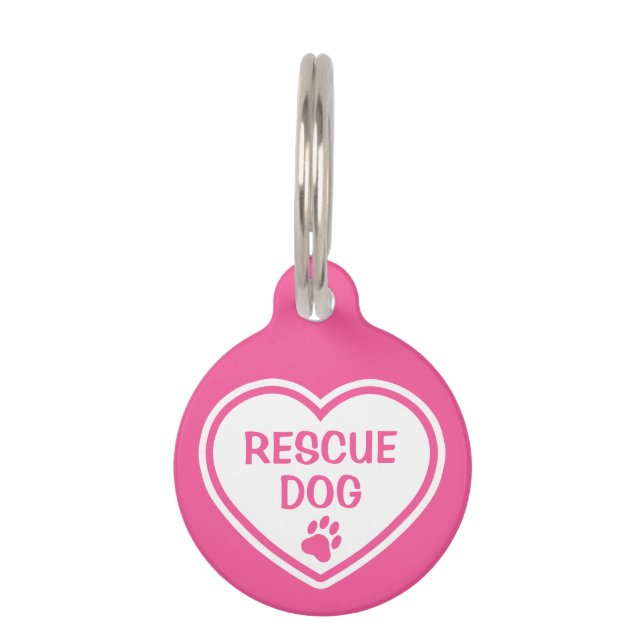 Roze en witte reddingshondhart met aangepaste info huisdierpenning (Voorkant)