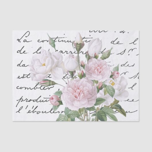 Roze en Witte Redouté Rozen Franse Manuscript  Tissuepapier (Voorkant)