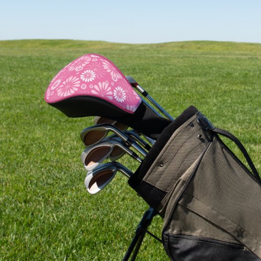 Roze en Witte Retro Bloemenprint Golfheadcover (Insitu)