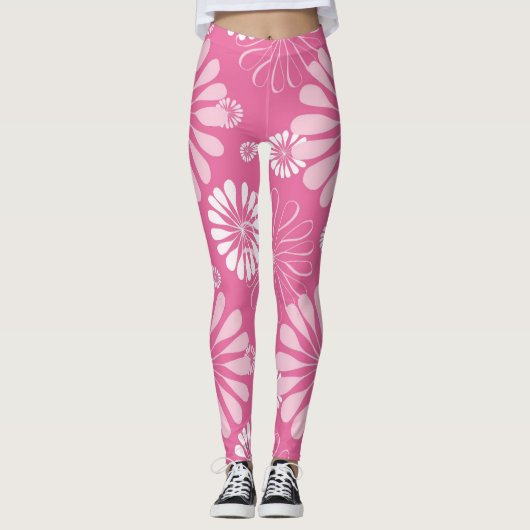 Roze en witte retro bloemenprint leggings (Voorkant)