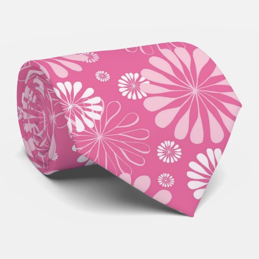 Roze en Witte Retro Bloemenprint Stropdas (Opgerold)