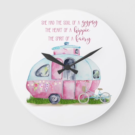 Roze en Witte Retro  Camper met Citaat Grote Klok (Voorkant)