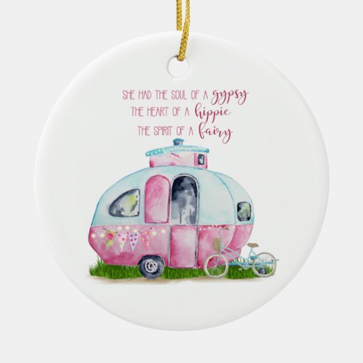 Roze en Witte Retro  Camper met Citaat Keramisch Ornament (Voorkant)