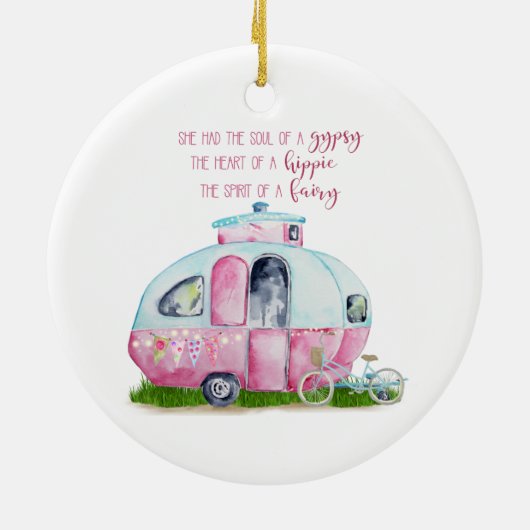 Roze en Witte Retro  Camper met Citaat Keramisch Ornament (Achterkant)