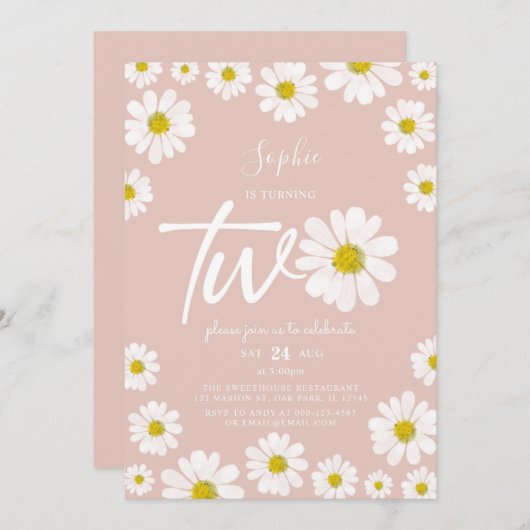 Roze en witte Retro Daisy 2e verjaardag Kaart (Voorkant / Achterkant)