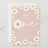 Roze en witte Retro Daisy First Birthday Kaart (Voorkant)