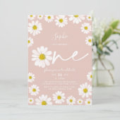 Roze en witte Retro Daisy First Birthday Kaart (Staand voorkant)