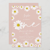 Roze en witte Retro Daisy First Birthday Kaart (Voorkant / Achterkant)